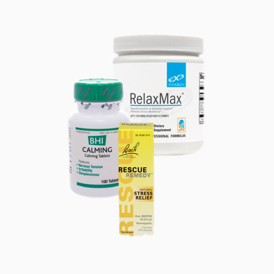 Stress relief Package No.2401A (RelaxMax Unflavored XYMOGEN  ( 80 Grams) &  BHI Calming BHI Homeopathics/Medinatura   (100 tablets) & Rescue Remedy Nelson Bach   (10 Milliliter)s